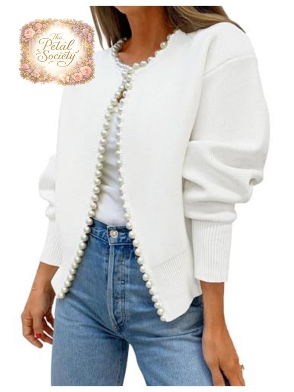 Womens Open Front Cardigan Sweater Pearl Trim Long Sleeve Knit